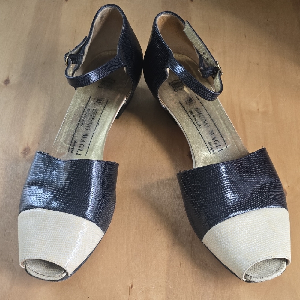 Bruno Magli Black and Cream Peep-Toe Heels